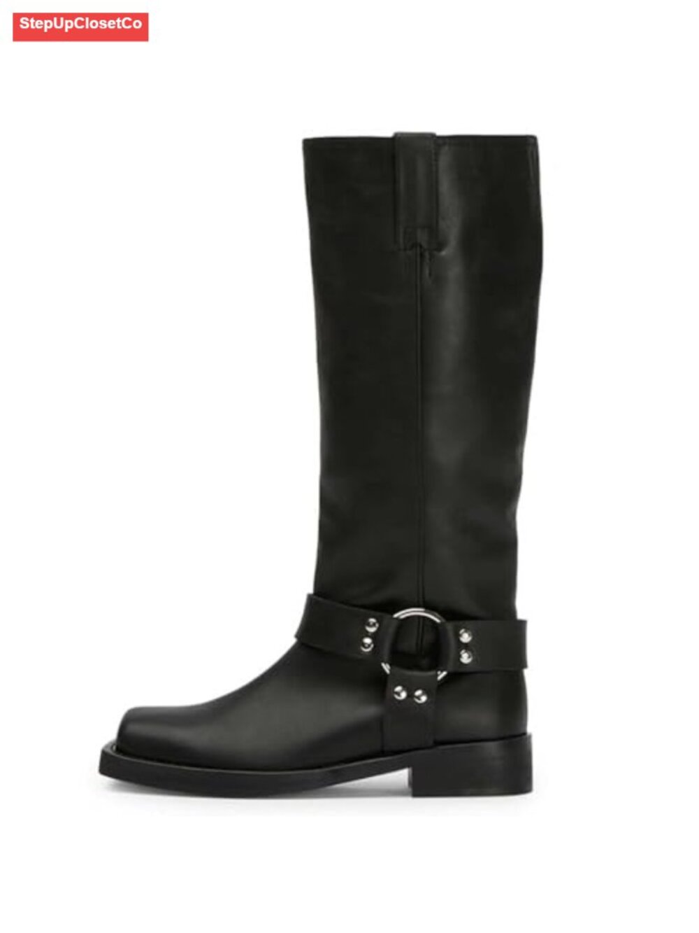 Square Toe Wide Calf Knee High Buckle Boots Low Heel Chunky Pull On Biker